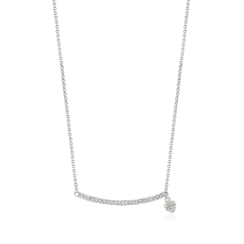 14kt white gold diamond curved bar necklace with heart charm