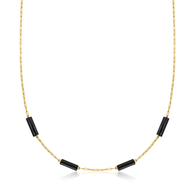 14kt yellow gold station necklace with dark onyx rectangular beads along the chain