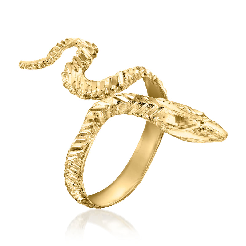 14kt yellow gold snake ring, raised scales and curved open coil