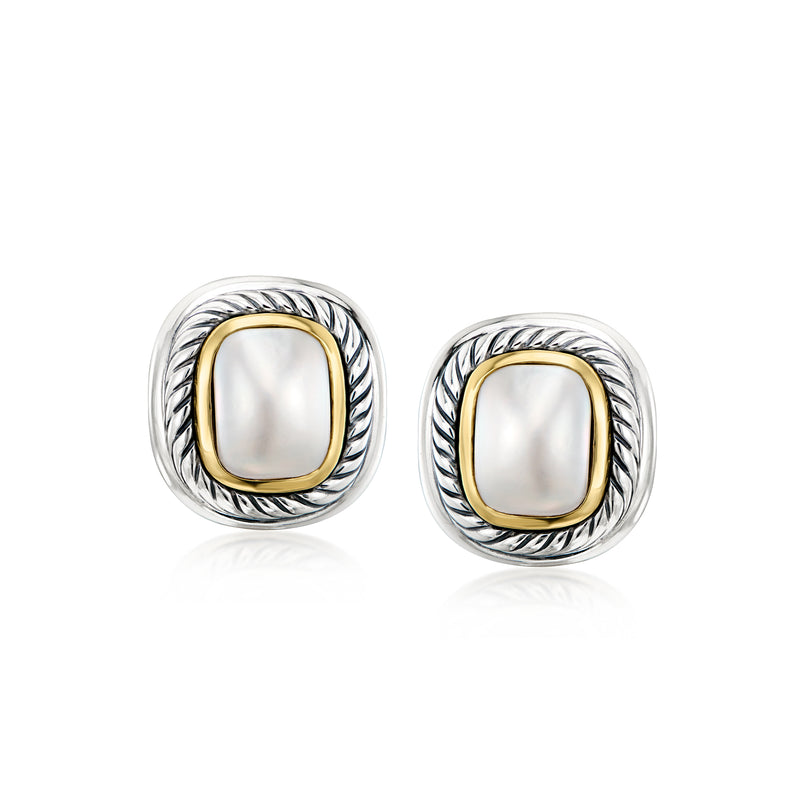 Vintage mabe pearl stud earrings in sterling silver with yellow gold square setting