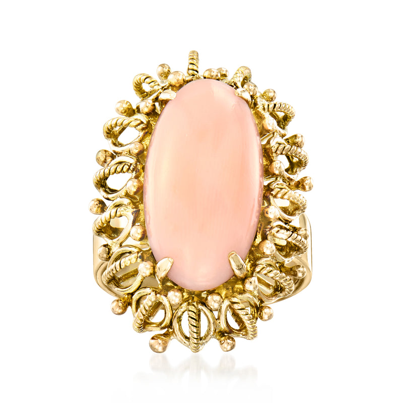 Vintage oval coral-pink gemstone ring in 14kt yellow gold filigree setting