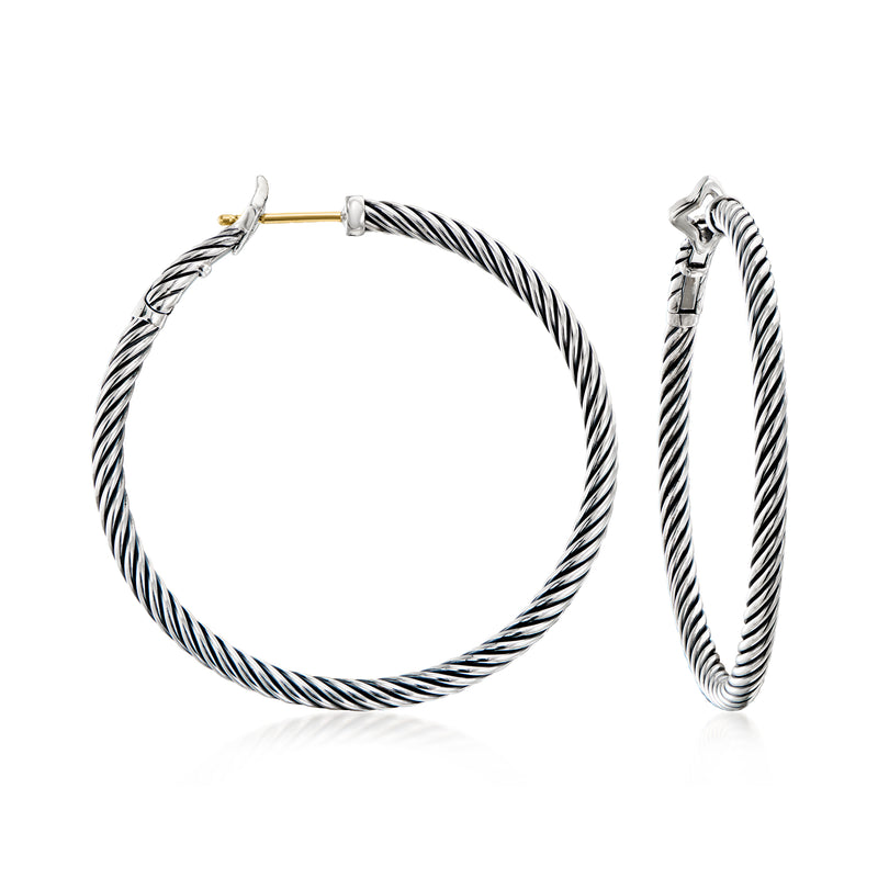 Sterling silver twisted rope hoop earrings with hinged clasp