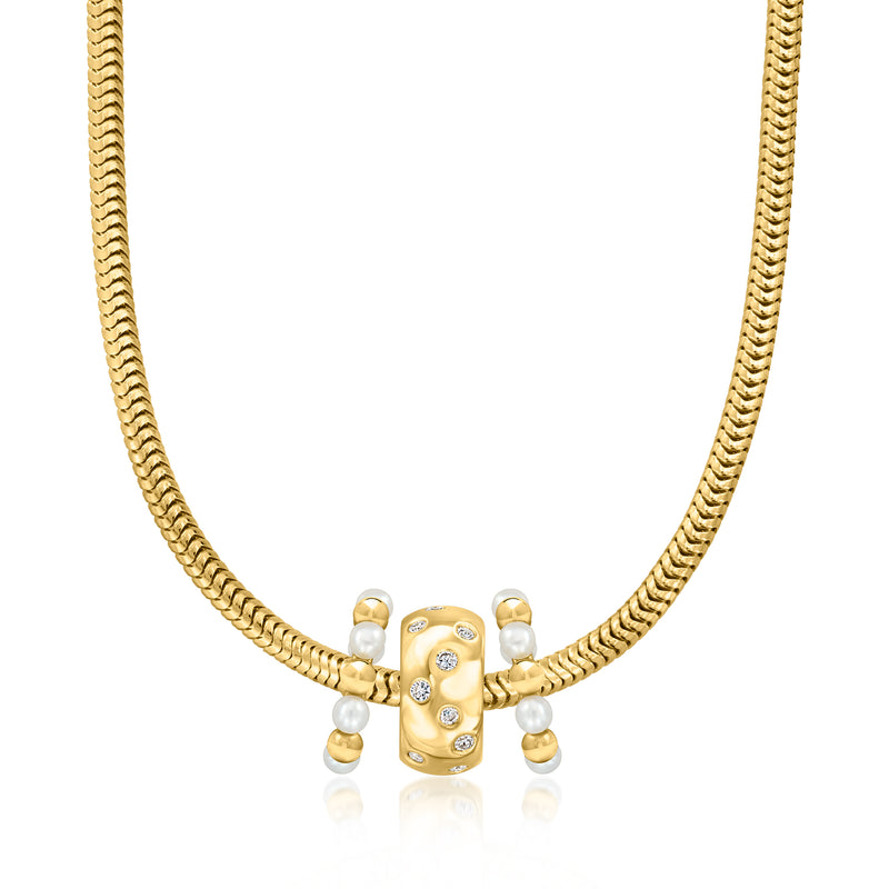 Gold chain necklace with cultured pearl bead charm and clear diamond accents