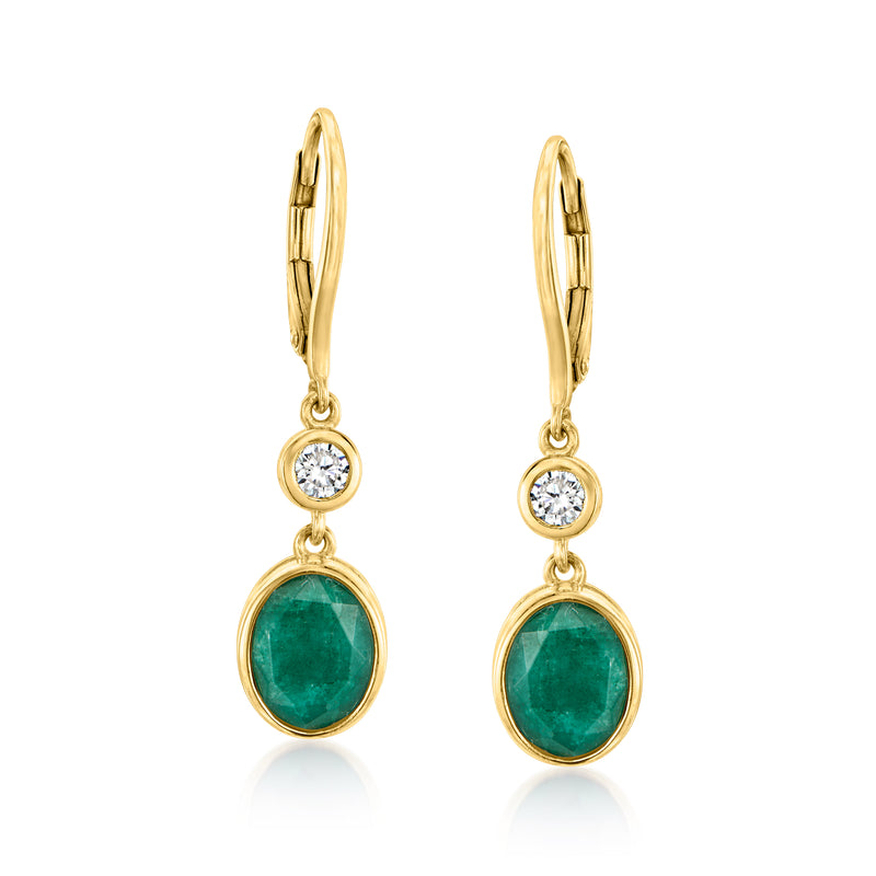 Gold leverback drop earrings with oval green emerald and round diamond accents