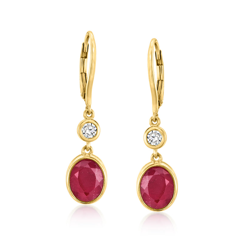 Gold leverback drop earrings with ruby oval and round diamond accents