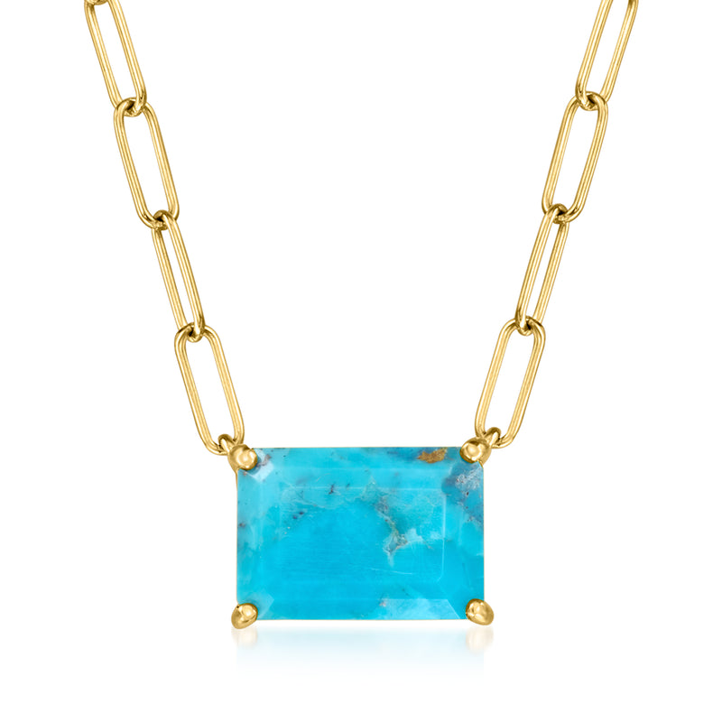 Gold link chain necklace with rectangular turquoise gemstone pendant