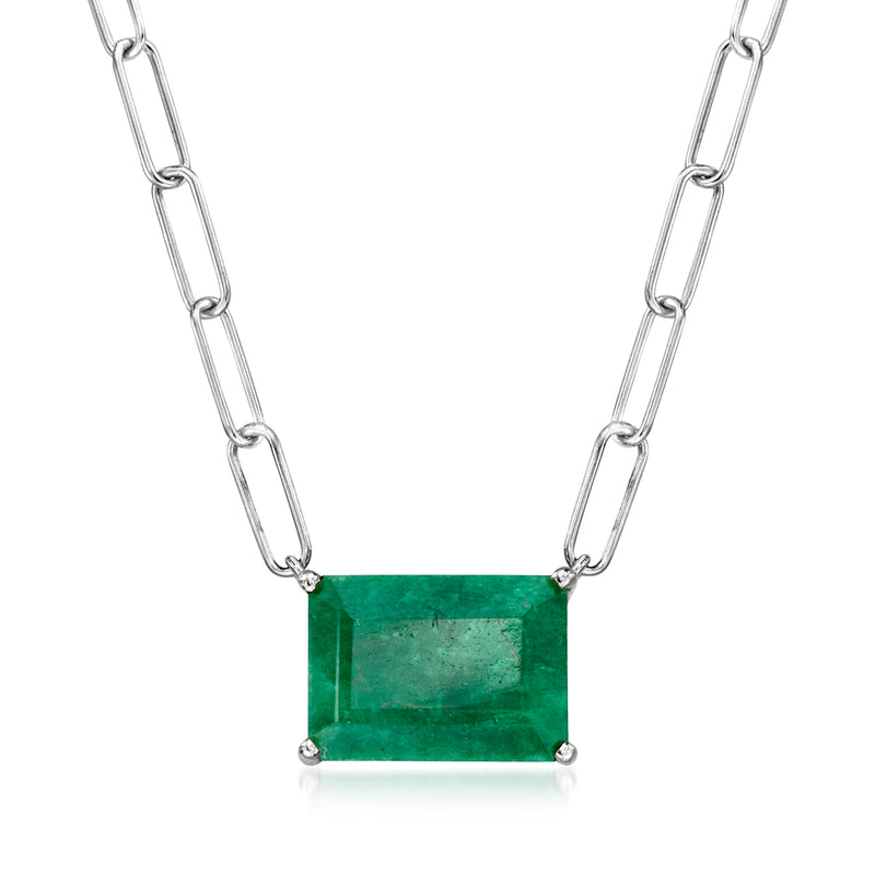 Sterling silver paper clip link necklace with square green emerald pendant
