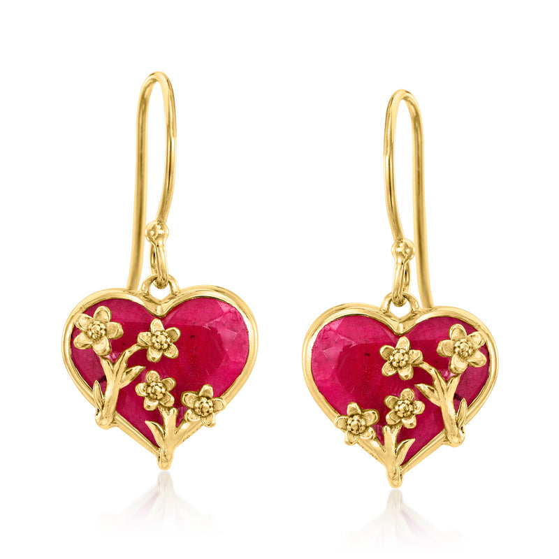 Gold heart drop earrings with ruby-red center stone and floral accents, earwire style.