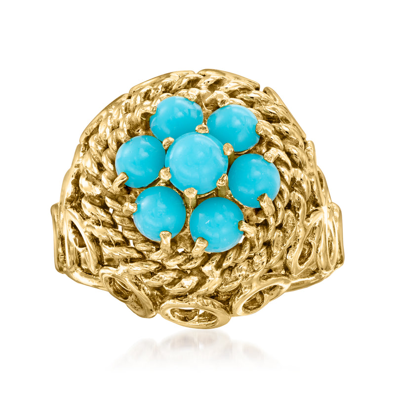Vintage 1970s turquoise cluster ring in 14k yellow gold with six blue stones