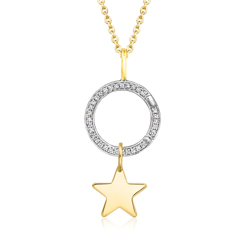 14kt yellow gold diamond circle charm holder pendant with star dangle and gold chain