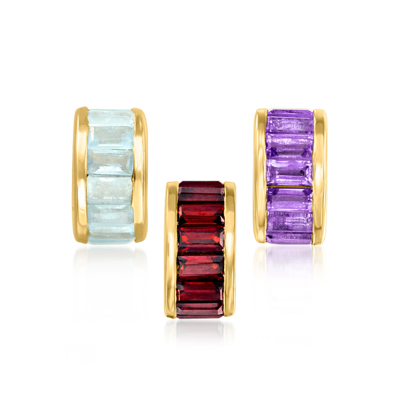 Gold birthstone bead charms with baguette-cut stones: light blue, purple, red