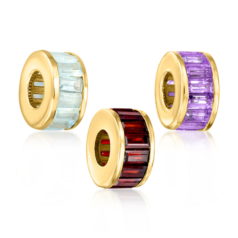 Gold birthstone bead charms trio with blue, purple, and red baguette stones