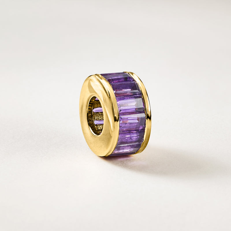 18kt gold over sterling birthstone bead charm with purple baguette stone