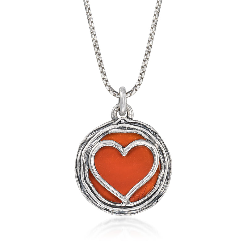 Sterling silver heart overlay pendant with orange carnelian center on chain