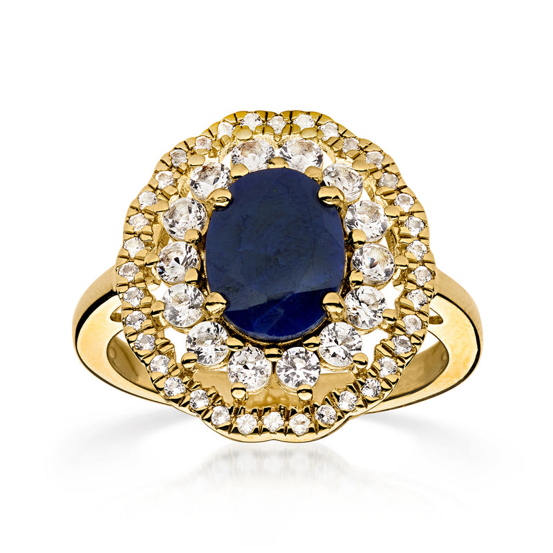 18kt gold over sterling ring with oval blue sapphire and white topaz halo