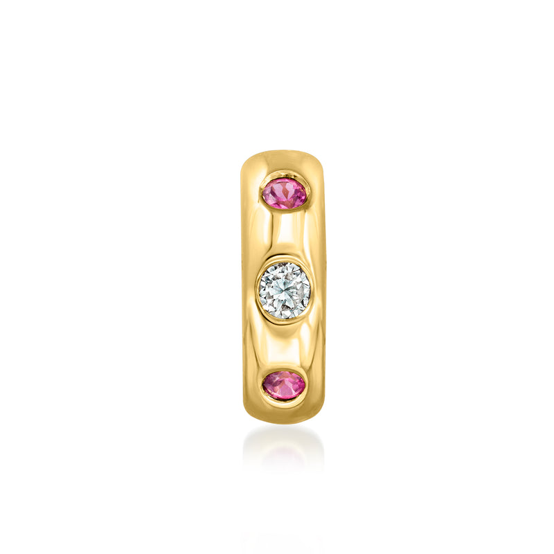 Gold bead charm with purple and clear stones set in oval ridged design