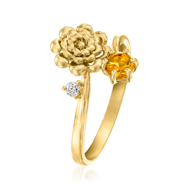 Gold-tone chrysanthemum ring with round citrine gemstone and small diamond accent