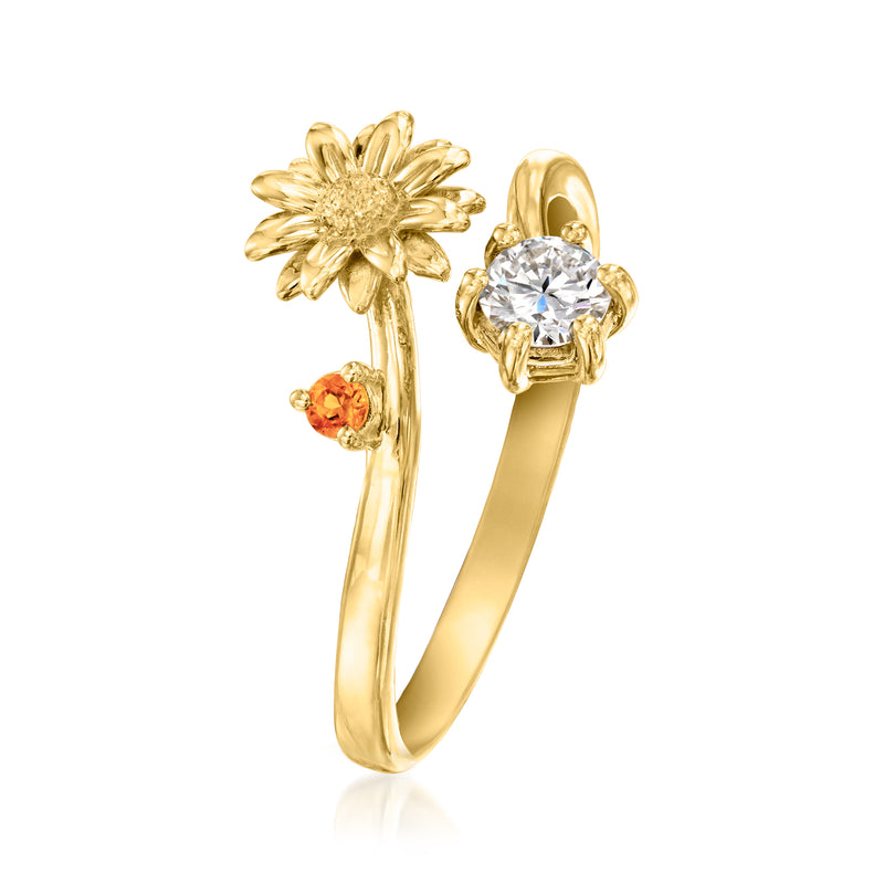 Gold daisy flower ring with round clear center diamond and orange citrine accent