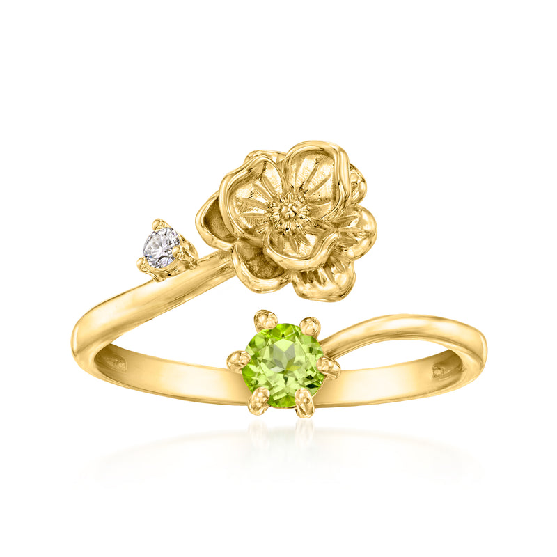 Gold over sterling flower ring with green peridot center and side lab-grown diamond