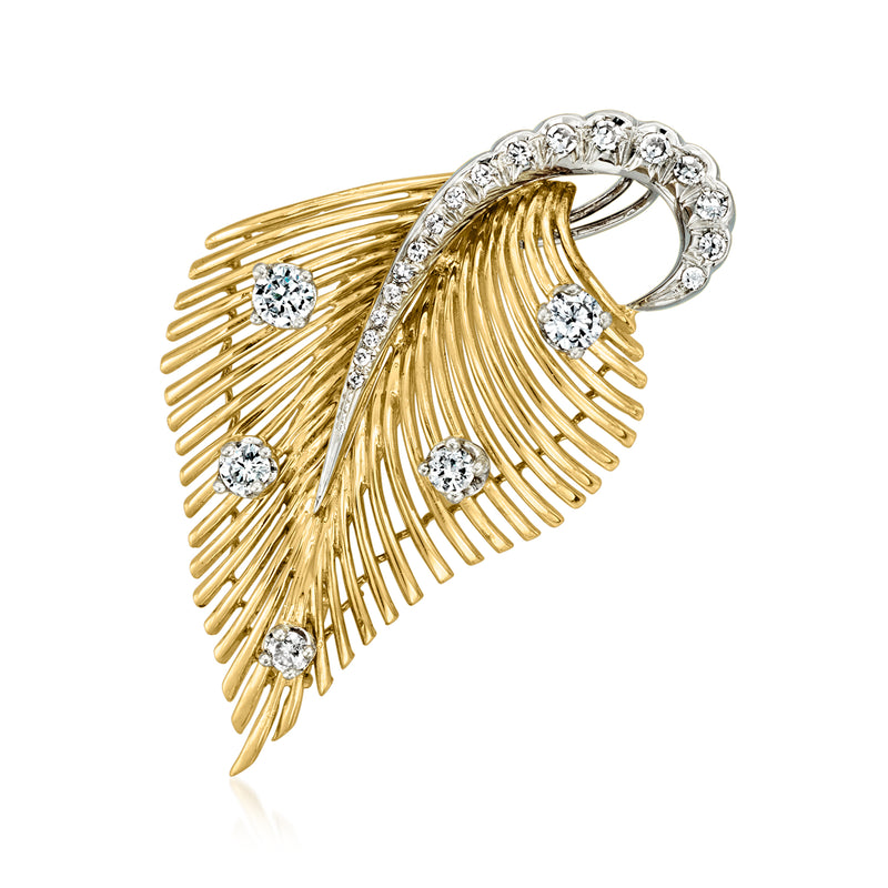 Two-tone gold diamond leaf pin with prong-set round stones, fan-like design