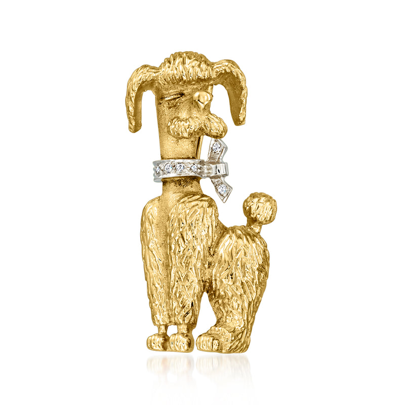 14kt yellow gold poodle pin with diamond accents, detailed standing dog design