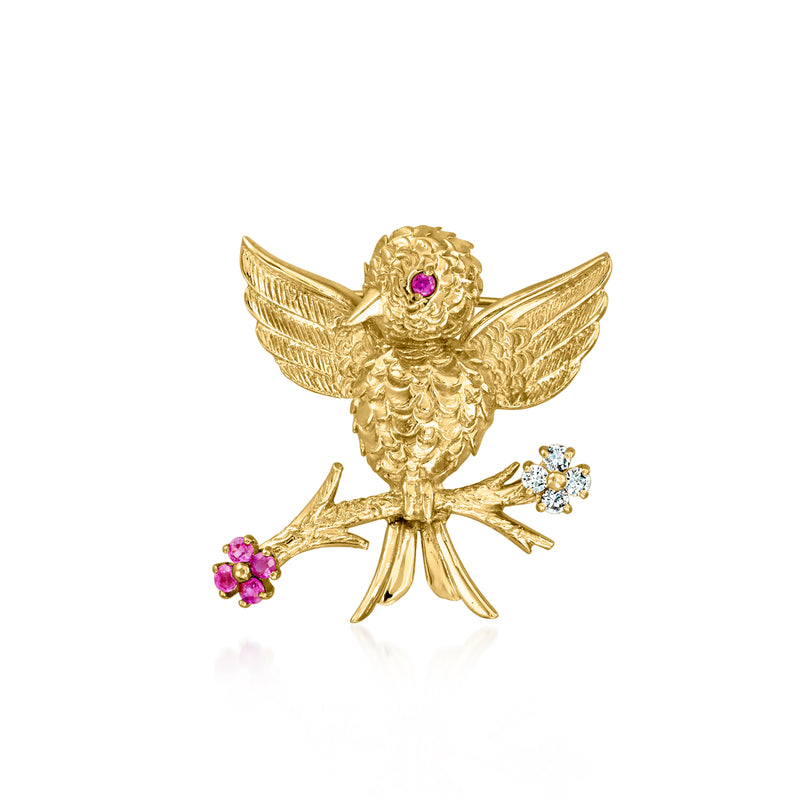18kt yellow gold bird on branch pin with ruby and diamond accents