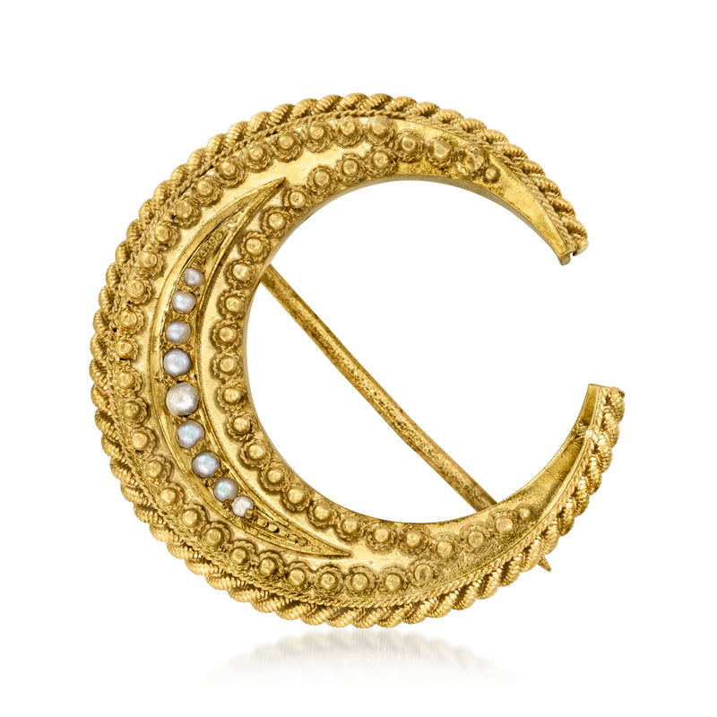 Vintage 15kt yellow gold crescent moon pin with seed pearls and ornate border