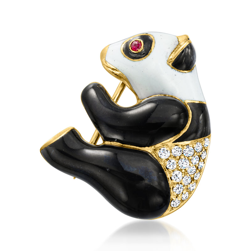 Vintage panda enamel pin in yellow gold, black/white body, ruby eye, diamond pave