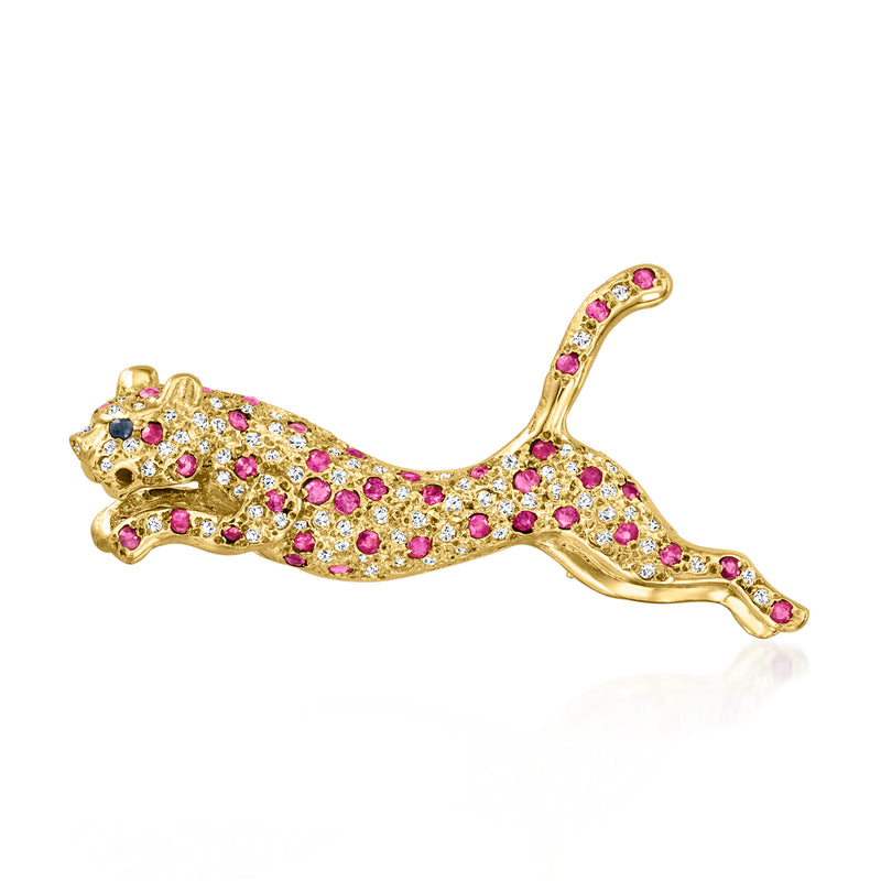 Vintage leopard pin in 14kt yellow gold with pink ruby and clear diamond accents