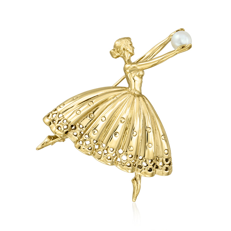 14kt yellow gold ballerina pin with cultured pearl accent, swirling skirt design