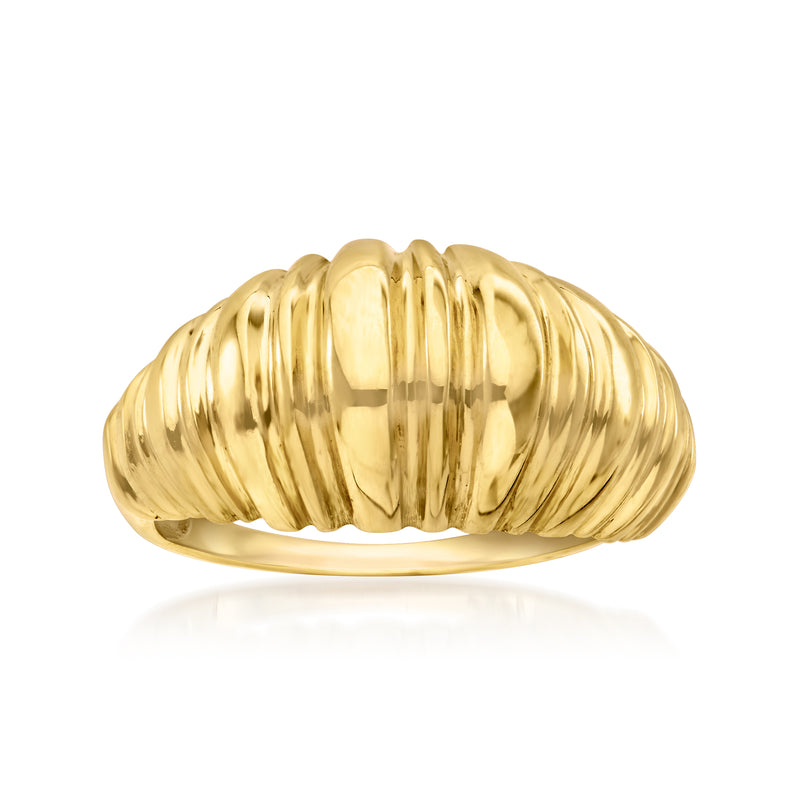 Vintage 14kt yellow gold shrimp ring with ridged, scalloped band and glossy finish