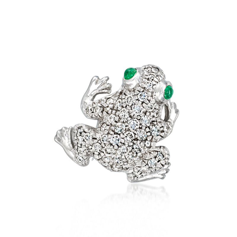 Diamond and emerald frog pin, raised white gold body with green cabochons