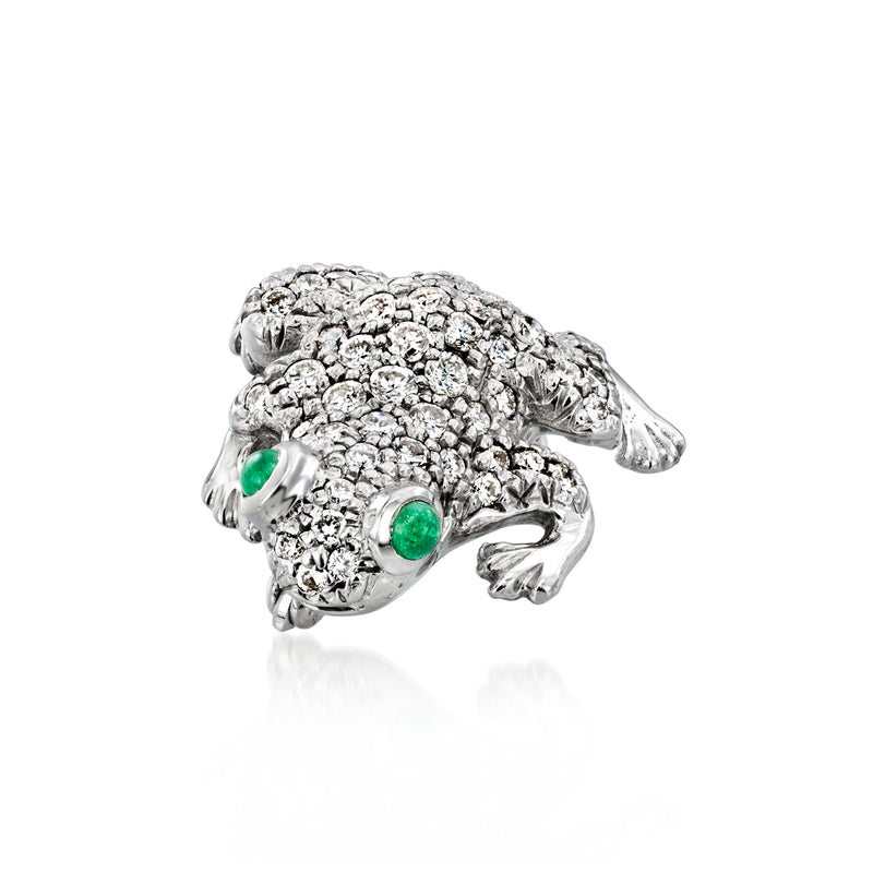 Diamond and emerald frog pin, side view with green stone accents on head and feet