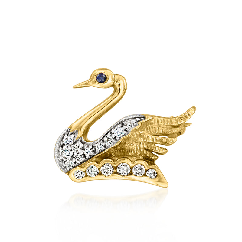Swan diamond and sapphire pin in 18kt yellow gold, bird with sapphire eye