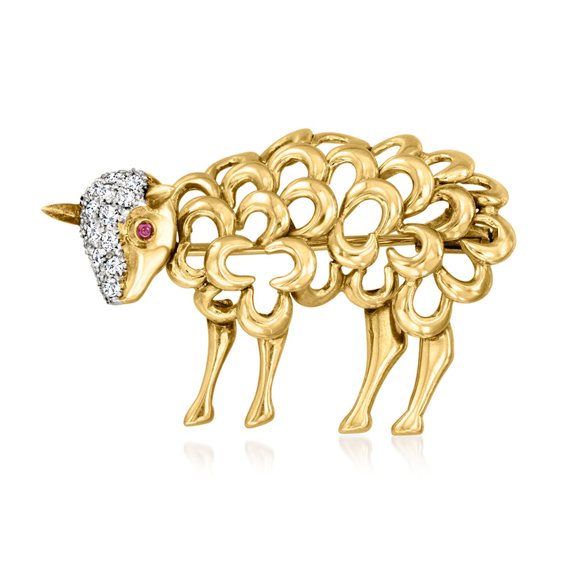 18kt yellow gold sheep pin with diamond pave wool and single red ruby eye