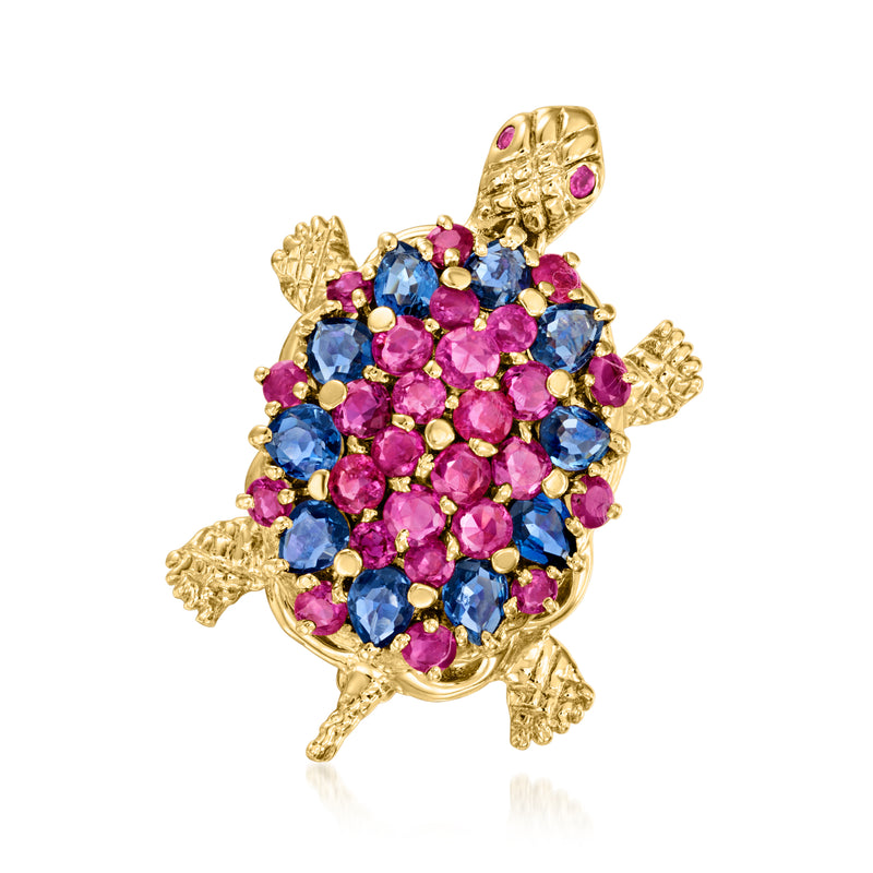 Gold turtle brooch pin with pink ruby and blue sapphire gemstones