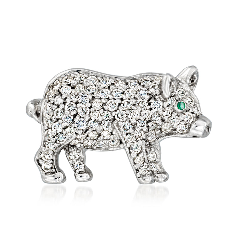 Diamond pig lapel pin with green emerald eye, white gold setting