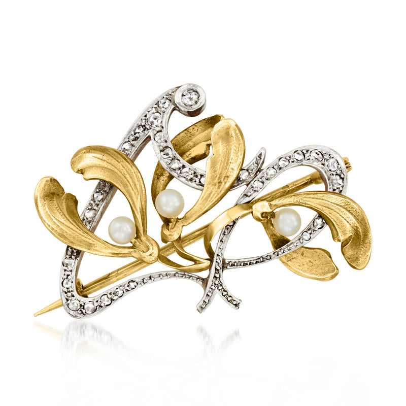 Vintage gold leaf pin with white pearls and diamond accents, yellow gold and platinum