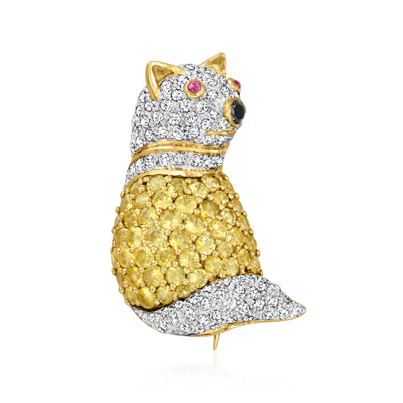 Gold cat pin with diamond pave, yellow body, pink eye and black accent