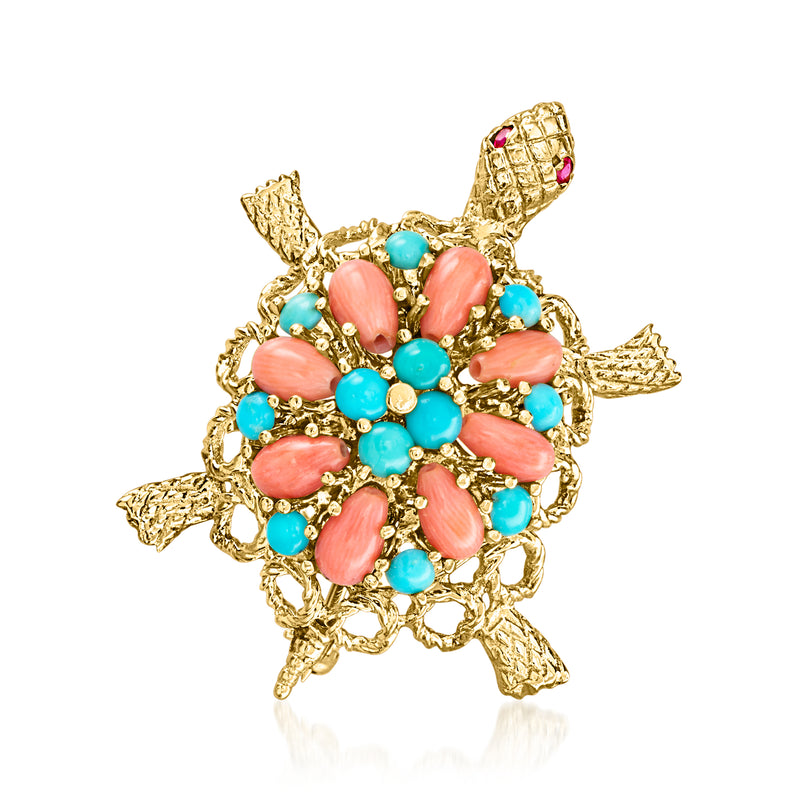 Vintage turtle pin in 14kt yellow gold with coral and turquoise cabochons