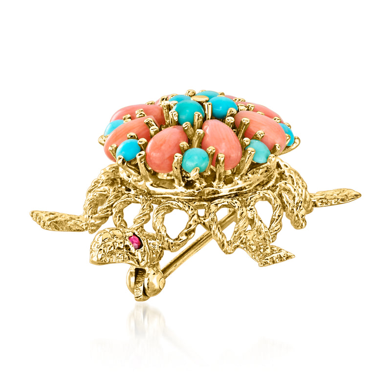 Vintage turtle pin with coral and turquoise stones, 14kt yellow gold filigree