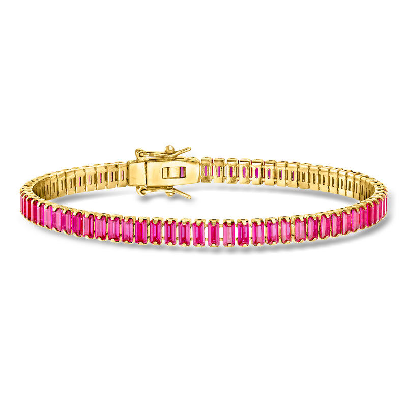 Gold tennis bracelet with pink lab-grown ruby rows and box clasp