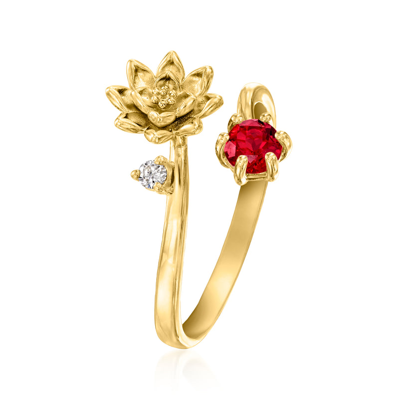Gold flower ring with round red ruby and two small diamond details