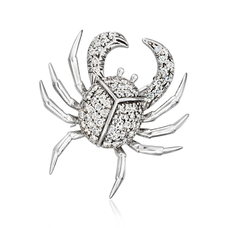 Diamond crab pin in white gold, clawed crab with sparkle stones
