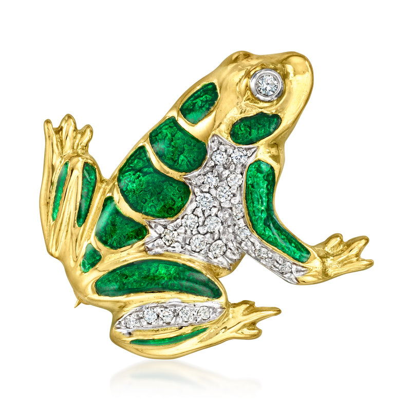 18kt yellow gold frog pin with green enamel and round diamond accents