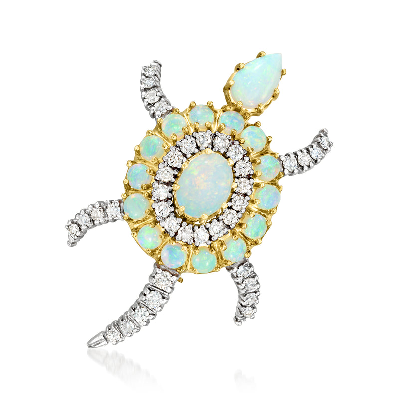 Opal and diamond turtle pin in 18kt two-tone gold