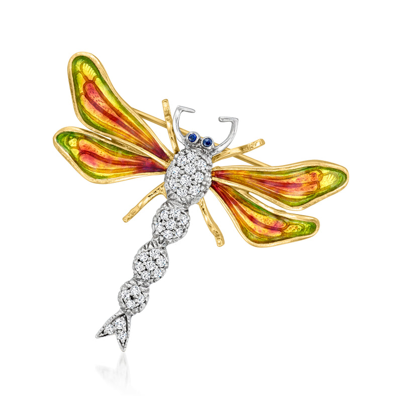 Dragonfly lapel pin with multicolored enamel wings, diamond body, sapphire eyes, two-tone gold