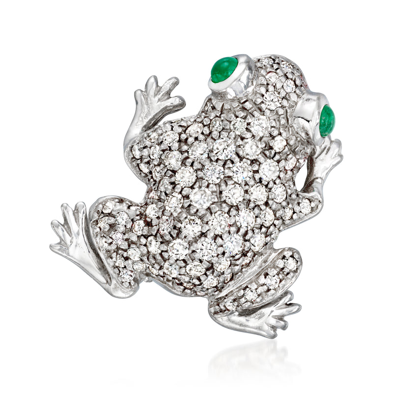 Diamond and green emerald frog pin in 18kt white gold, textured body and outstretched legs