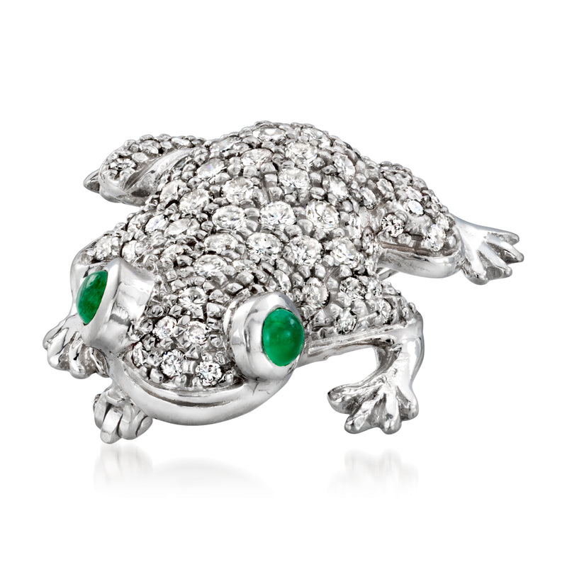 Jeweled diamond frog pin with green emerald eyes on 18kt white gold, side view