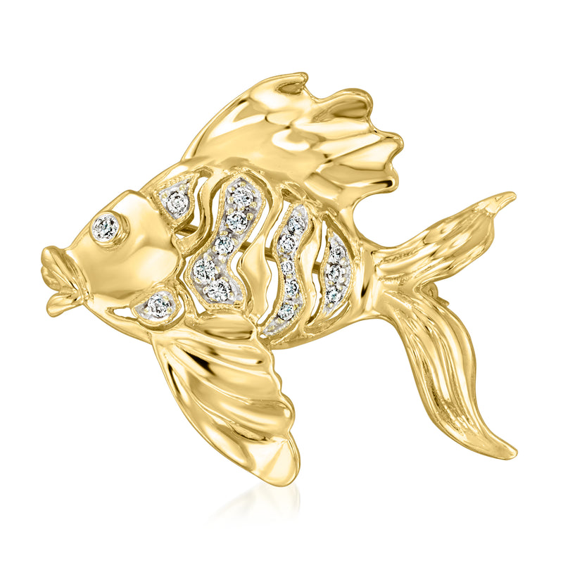 18kt yellow gold fish pin with diamond accents, hinged back setting